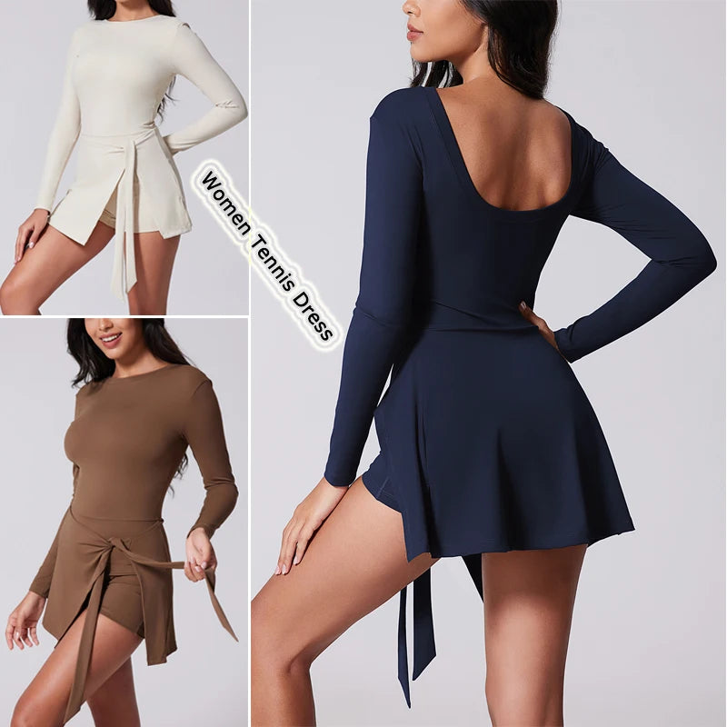 Womens High Neck Tennis Dress Long Sleeve Sarong Wrap Skirt Built in Shorts Golf Athletic Dress - The Clothing Company Sydney