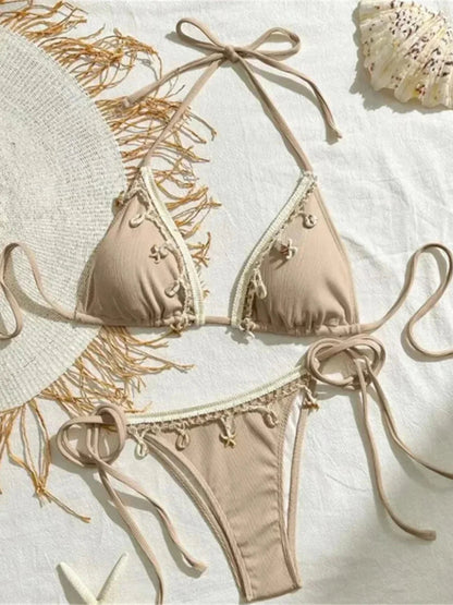 Shell Decoration Ribbed Bikini Women Swimwear Swimsuit Two-pieces Bikini Set Halter Strappy Bather Bathing Suit The Clothing Company Sydney