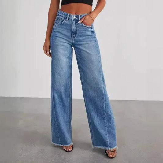 Spring Summer Women's Clothing Solid Color Loose Wide Leg Side Seam Stitching Frayed Hem Jeans The Clothing Company Sydney