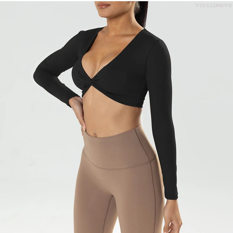 Long Sleeve Gym Crop Tops for Women Twist Deep V Workout Crop T Shirt Top Quick Dry Padded Sports Fitness Yoga Top The Clothing Company Sydney