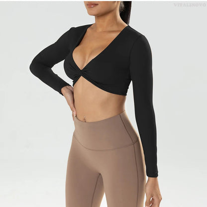 Long Sleeve Gym Crop Tops for Women Twist Deep V Workout Crop T Shirt Top Quick Dry Padded Sports Fitness Yoga Top The Clothing Company Sydney