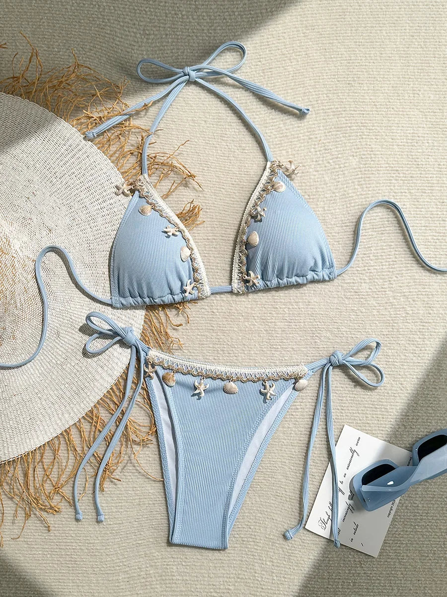 Shell Decoration Ribbed Bikini Women Swimwear Swimsuit Two-pieces Bikini Set Halter Strappy Bather Bathing Suit The Clothing Company Sydney