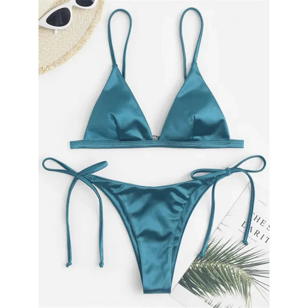 Side Tie Satin High Leg Cut Brazilian Bikini Swimwear Swimsuit Two piece Bikini set Bather Bathing Suit - The Clothing Company Sydney