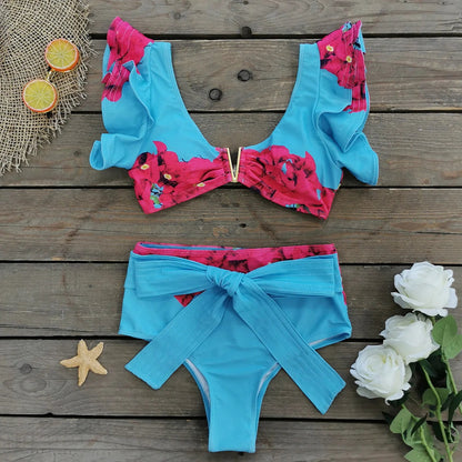 V-Neck High Waist Bikini Sets Shoulder Ruffled Printed Swimsuit Two Piece Swimwear Bathing Suits The Clothing Company Sydney