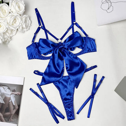 Bowknot Lingerie Open Bra Lace Up Underwear 3-Piece Satin Outfit Set The Clothing Company Sydney