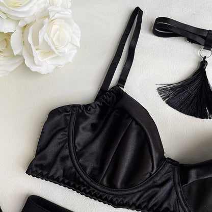5 Piece Satin Lingerie Underwear Lace Seamless Intimate Skirt Bra And Briefs Outfit Set - The Clothing Company Sydney