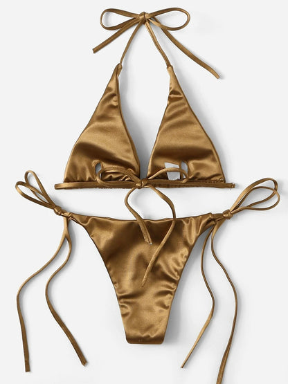 Metallic Halter Triangle Swimsuit Women Swimwear Bathing Suits Brazilian Thong Micro Bikinis Set Beach Wear - The Clothing Company Sydney