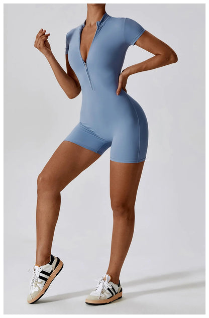 One Piece Jumpsuit Summer Short Sleeve Zipper Sports Wear Gym Fitness Bodysuits Women Dance Running Workout Clothes Yoga Suit The Clothing Company Sydney