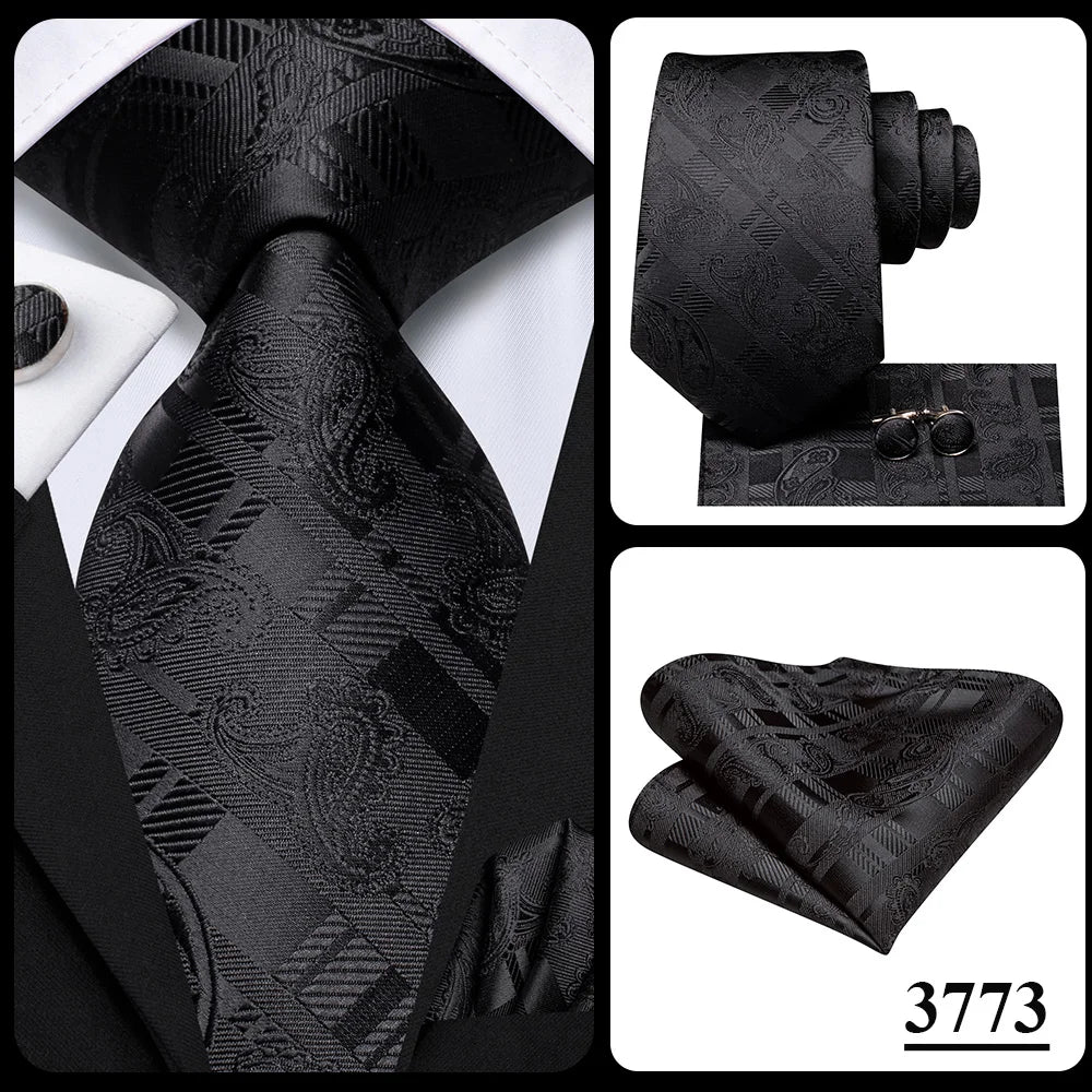 3 Piece Black Floral Silk Wedding Tie For Men Handky Cufflink Elegant Necktie Set For Men - The Clothing Company Sydney