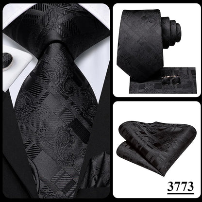 3 Piece Black Floral Silk Wedding Tie For Men Handky Cufflink Elegant Necktie Set For Men - The Clothing Company Sydney