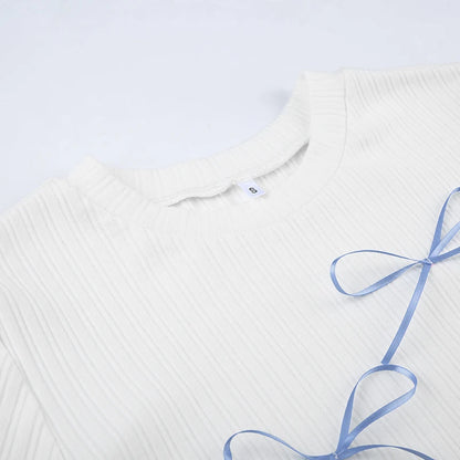 Sweet Bow Knit Spring Top Long Sleeve Pink Bow Women's T Shirts Clothes Basic Outfits - The Clothing Company Sydney