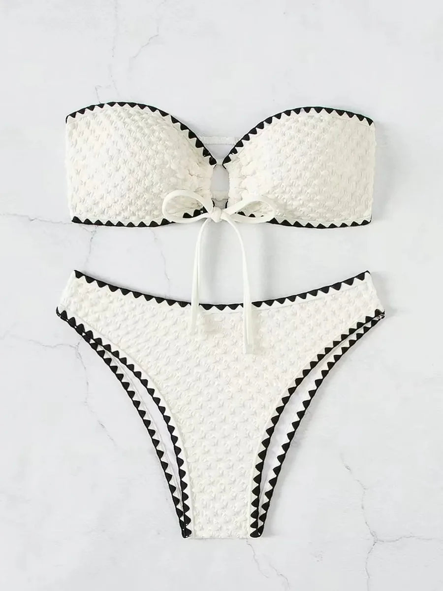 Swimwear White 2 Piece Strapless Swimsuit Bandeau Backless Bikini Set Lace-up Patchwork Bathing Suit The Clothing Company Sydney