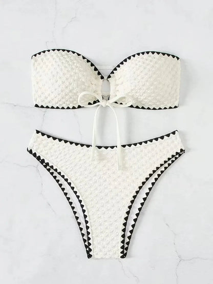 Swimwear White 2 Piece Strapless Swimsuit Bandeau Backless Bikini Set Lace-up Patchwork Bathing Suit The Clothing Company Sydney