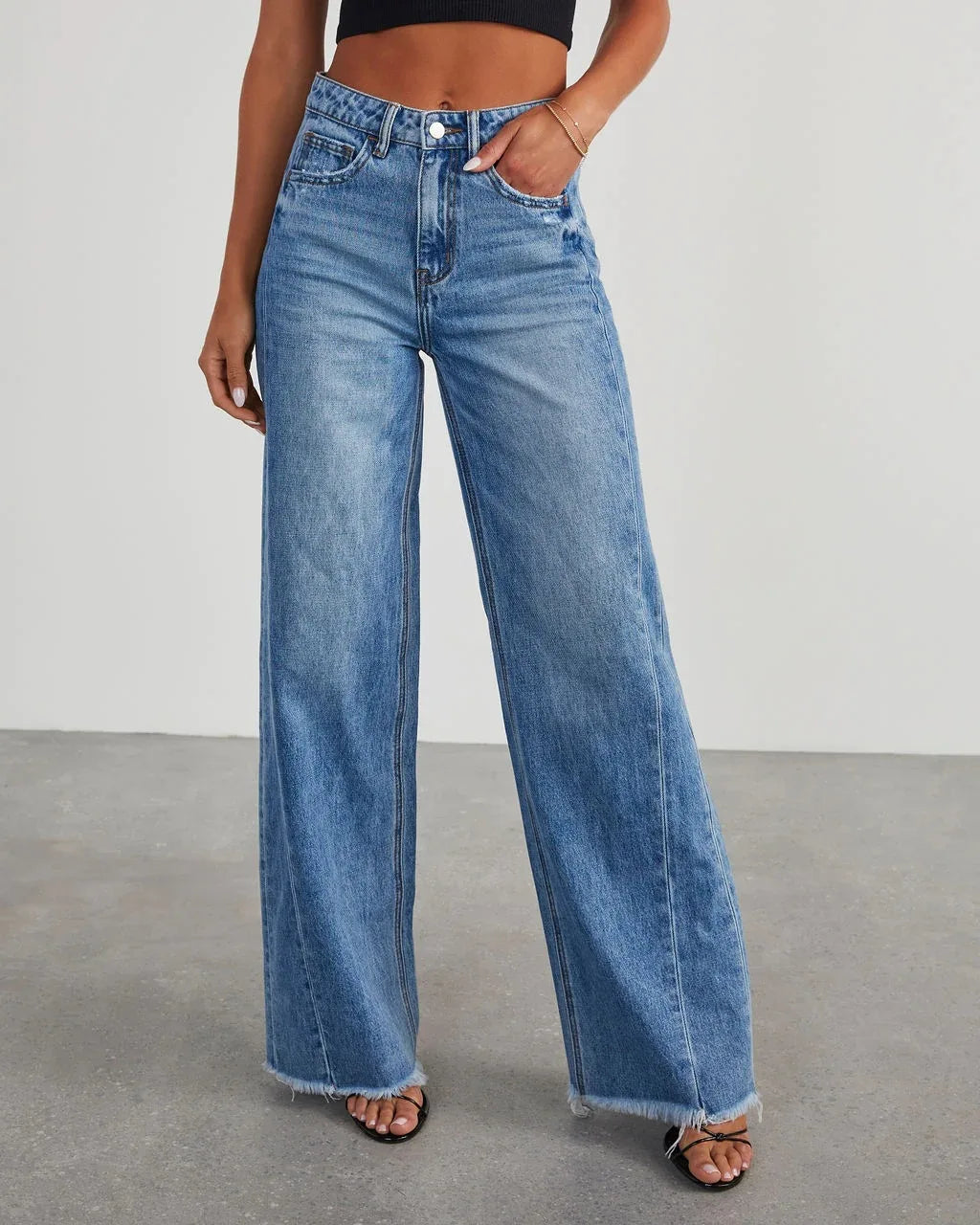 Spring Summer Women's Clothing Solid Color Loose Wide Leg Side Seam Stitching Frayed Hem Jeans The Clothing Company Sydney