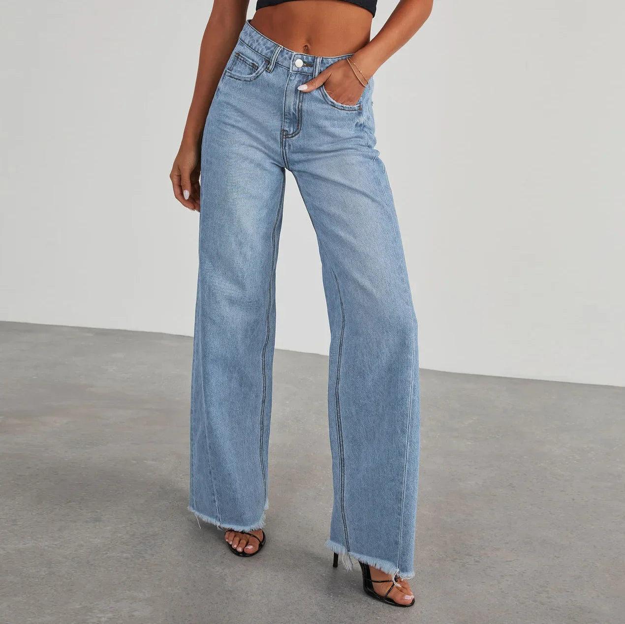 Spring Summer Women's Clothing Solid Color Loose Wide Leg Side Seam Stitching Frayed Hem Jeans The Clothing Company Sydney