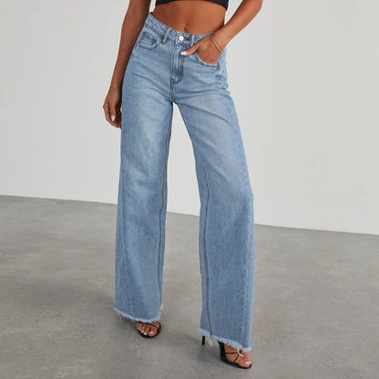 Spring Summer Women's Clothing Solid Color Loose Wide Leg Side Seam Stitching Frayed Hem Jeans The Clothing Company Sydney
