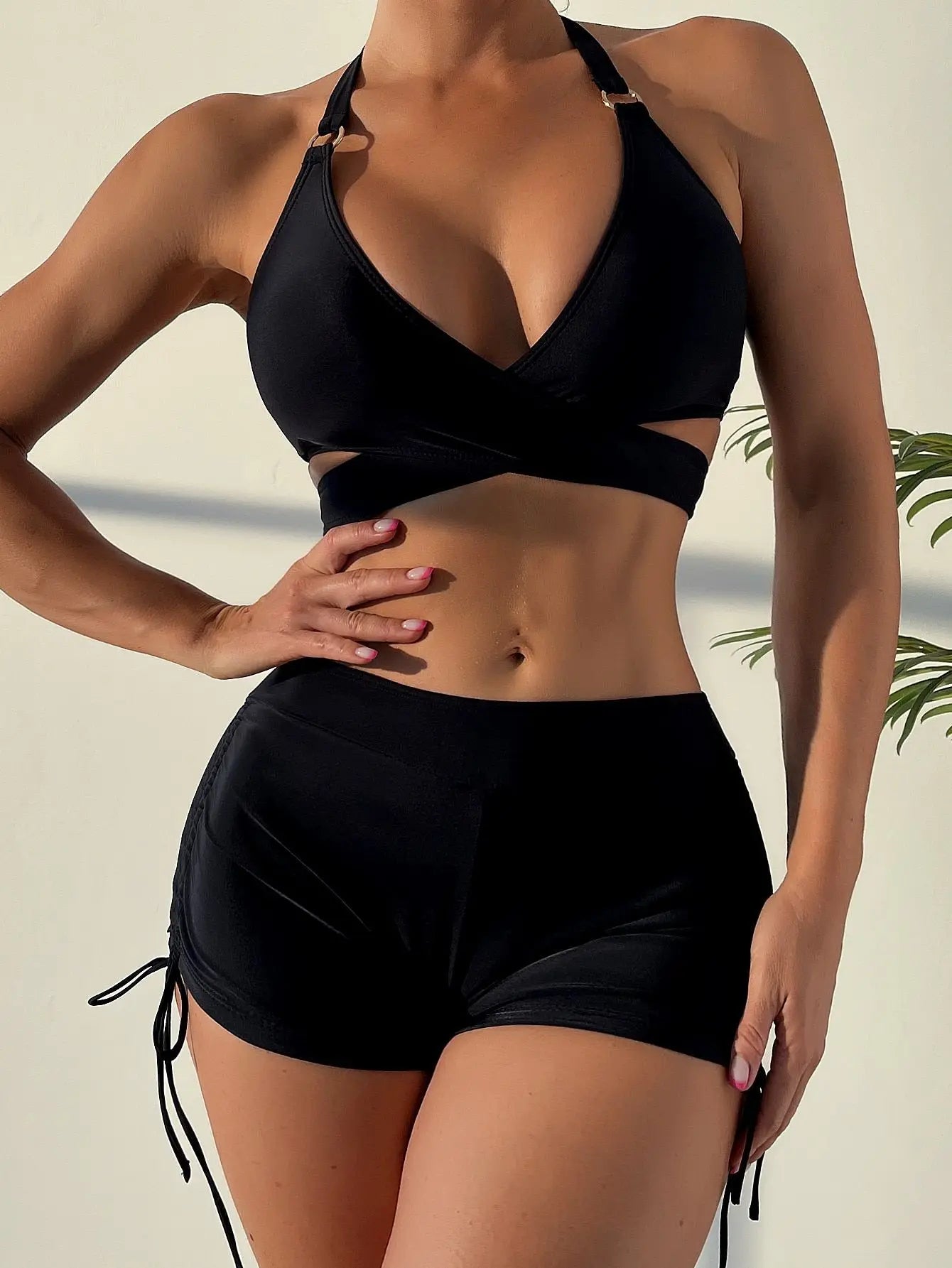 High Waist Two piece Bikini Women's Solid Hollow Swimsuit Cross Gathered Swimwear Summer Drawstring Beach Bathing Suit