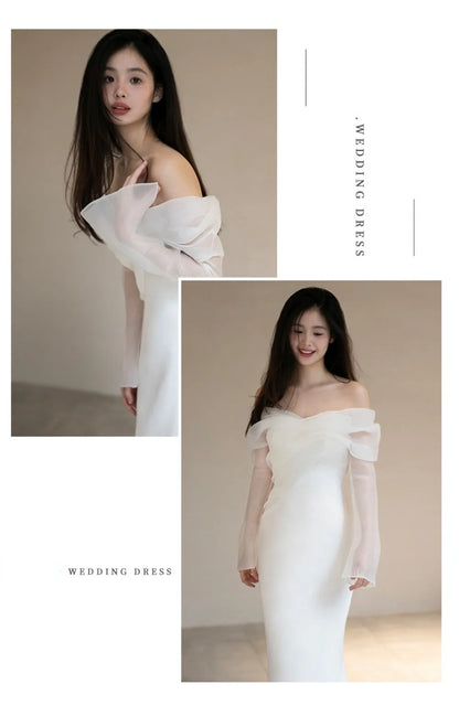 One Shoulder Satin Light Wedding Dress with Simple and Slim Fit Sweet Long Sleeved Bride Evening Gown - The Clothing Company Sydney