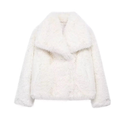 Women's Fashion Cropped Faux Fur Jacket Coat Long Sleeve Front Snap-button Outerwear Chic Lapel Collar Thick Coat The Clothing Company Sydney