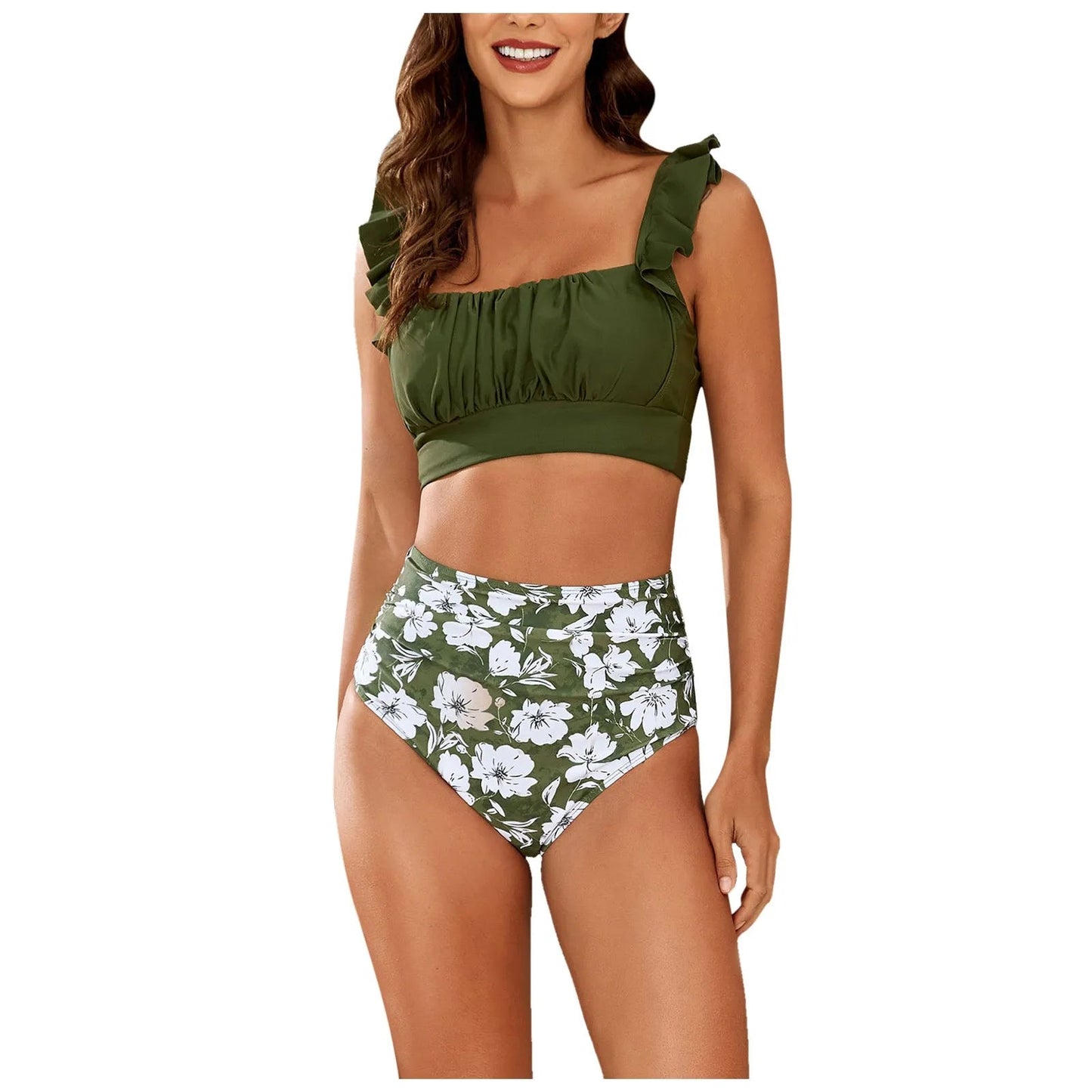 2 Piece Print Swimsuit Ruffle Swimwear Tops And High Waist Bikini Swim Shorts Beachwear The Clothing Company Sydney