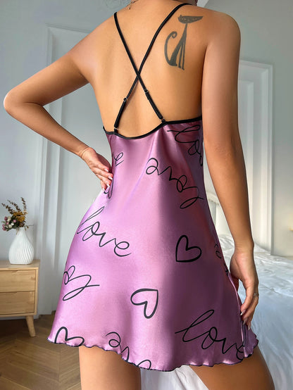 Heart  Letter Print Nightdress  Casual Round Neck Spaghetti Strap Sleep Women's Sleepwear  Dress - The Clothing Company Sydney