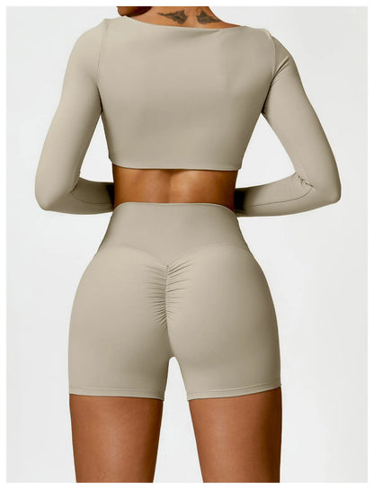 2 Piece Long Sleeve Gym Set Women Yoga Clothes Quick-Drying Sportswear Running Leggings Workout Sports Crop Top Shorts - The Clothing Company Sydney