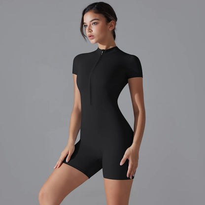 Yoga Set Women's Jumpsuits One-Piece Suit Zipper Short Sleeve Gym Push Up Workout Fitness Bodysuit Sportswear - The Clothing Company Sydney