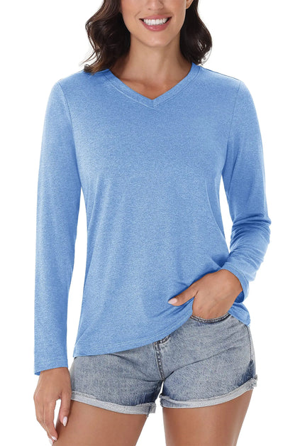 UPF 50+ Sun Protection Long Sleeve Shirts Womens V Neck Summer T-Shirts Outdoor Athletic Workout Running Gym Sportswear The Clothing Company Sydney