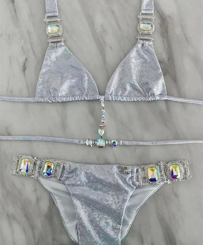 2 Piece Rhinestone Swimsuit Crystal Thong String Bikini Set Swimwear Beach Wear Bathing Suit - The Clothing Company Sydney