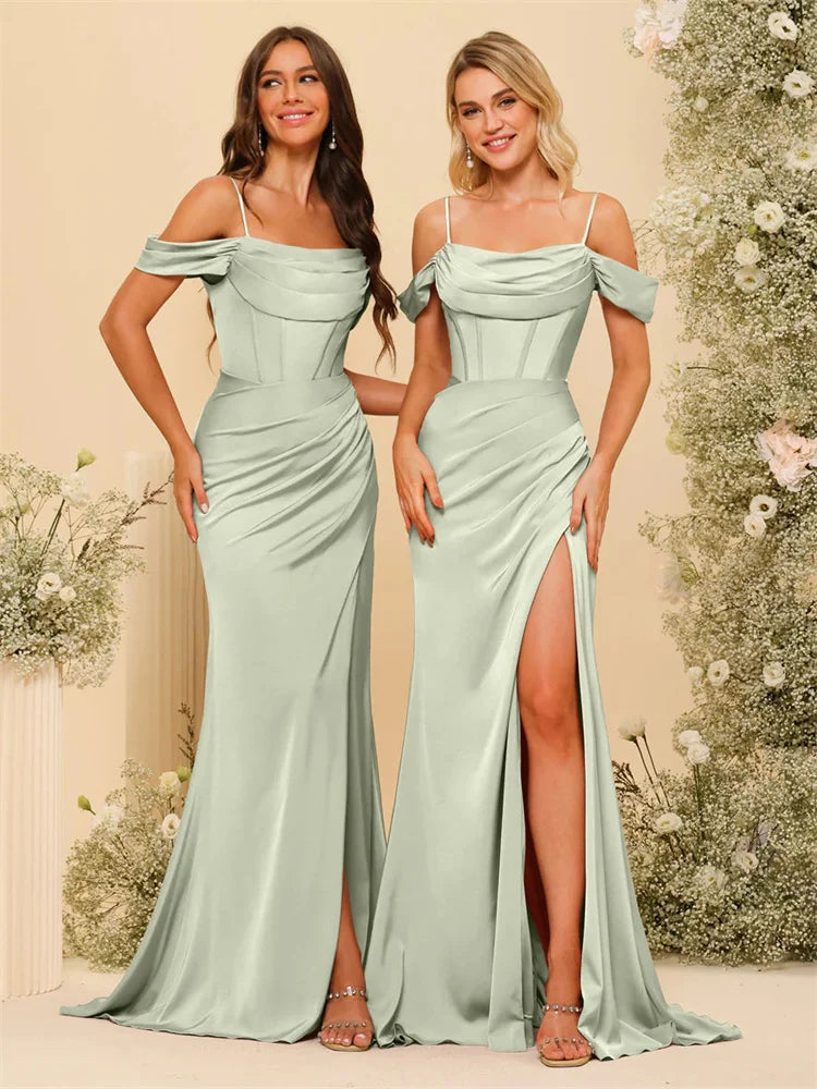 Off-the-Shoulder Spaghetti Straps Silk Satin Sheath Bridesmaid Dress Elegant Zipper Back Gowns For Wedding Guests - The Clothing Company Sydney
