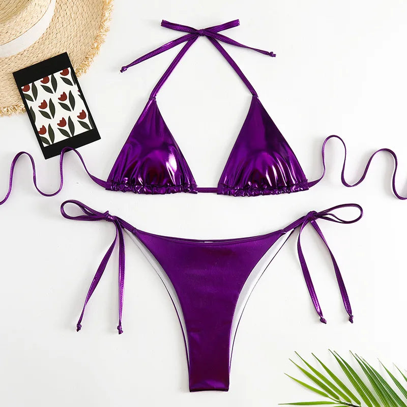 2 Piece Shiny Triangle Micro Thong Bikinis Sets Swimsuit Mini Swimwear Bathing Swiming Suits - The Clothing Company Sydney