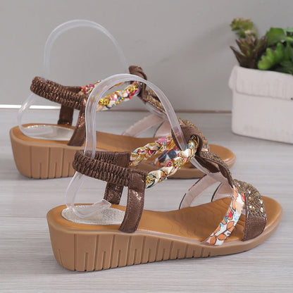 Summer Women's Wedge Shiny Rhinestones Elastic Platform Peep Toe Outdoor Sandals - The Clothing Company Sydney