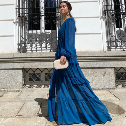 Women V-neck Lantern Long Sleeves Maxi Dress Elegant Patchwork Ruffles Hollow Lace Slim  Summer Dress - The Clothing Company Sydney