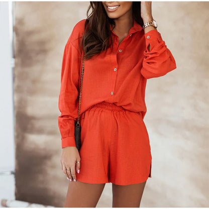 Summer Print Shorts Suits Woman Vintage Long Sleeve Shirt And Short Pants Suit Two Piece Set  Loose Casual Outfit Matching Set - The Clothing Company Sydney