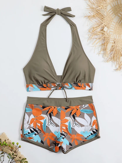 2 Piece Halter Bikini Set Shorts Swimsuit High Waist Swimwear Female Printed Bathers Swimming Bathing Swim Suit Beachwear - The Clothing Company Sydney