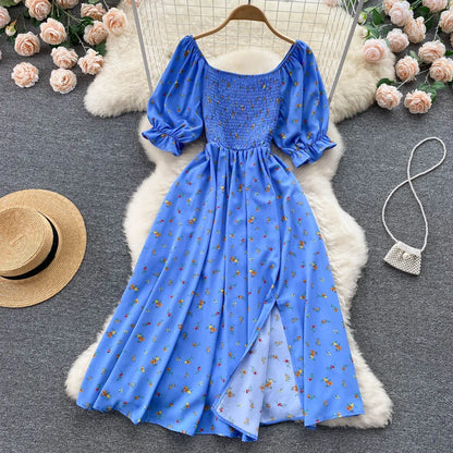 Women's Fashion Romantic Floral Print Split Long Summer Dress Puff Sleeve Party Dress - The Clothing Company Sydney