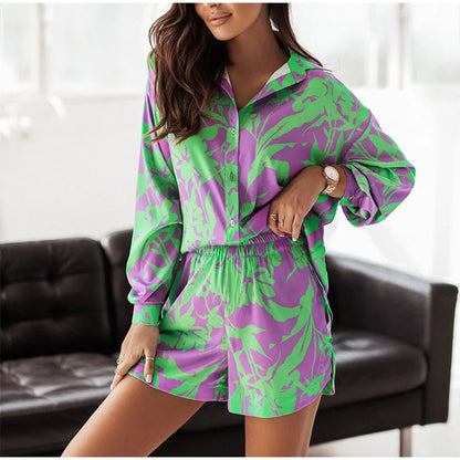 Summer Print Shorts Suits Woman Vintage Long Sleeve Shirt And Short Pants Suit Two Piece Set  Loose Casual Outfit Matching Set - The Clothing Company Sydney