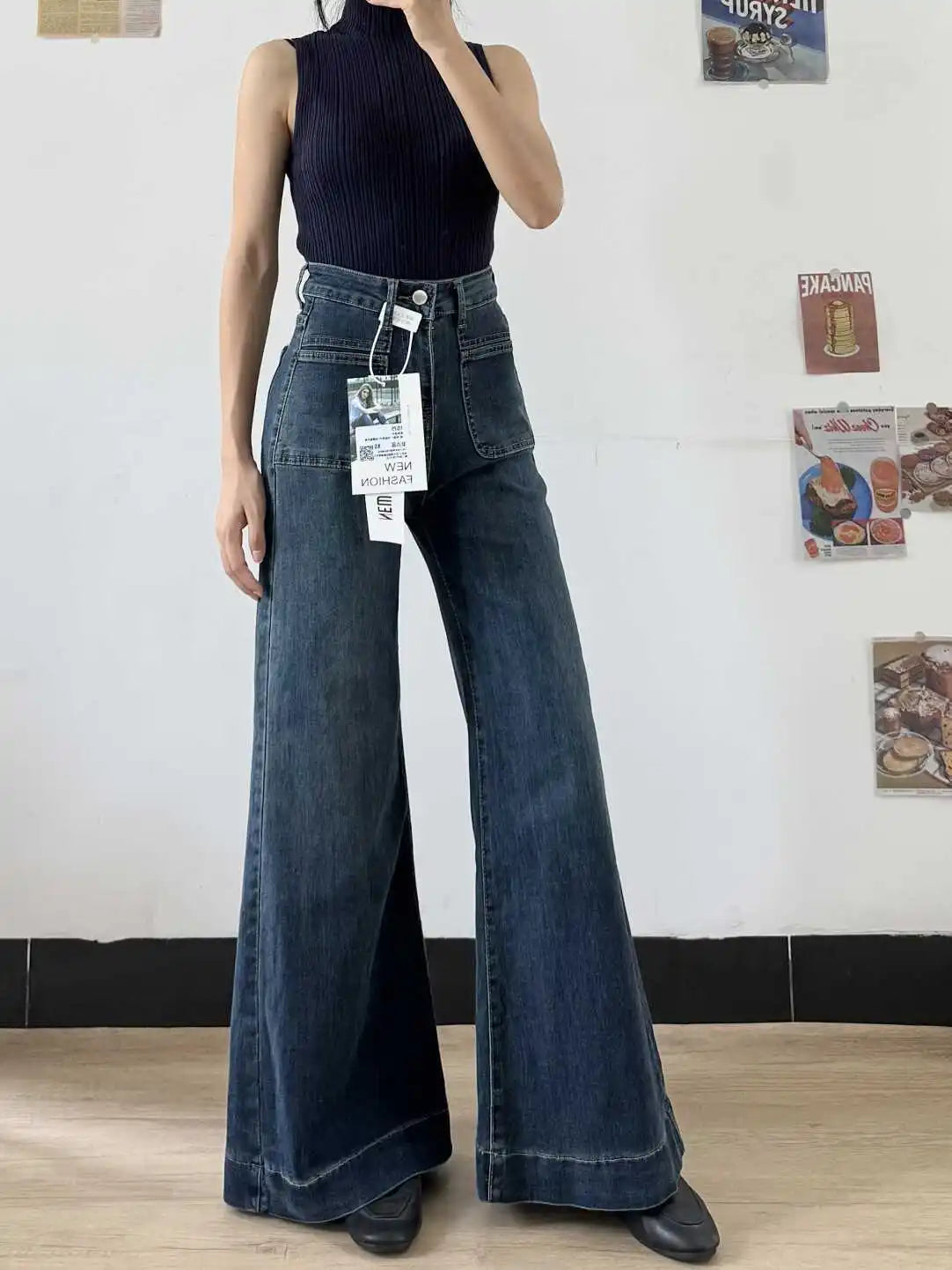 Women's Autumn Retro Micro-flared Solid Color High-waisted Straight Wide Leg Pants Loose Floor-length Jeans The Clothing Company Sydney