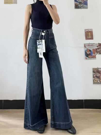 Women's Autumn Retro Micro-flared Solid Color High-waisted Straight Wide Leg Pants Loose Floor-length Jeans The Clothing Company Sydney