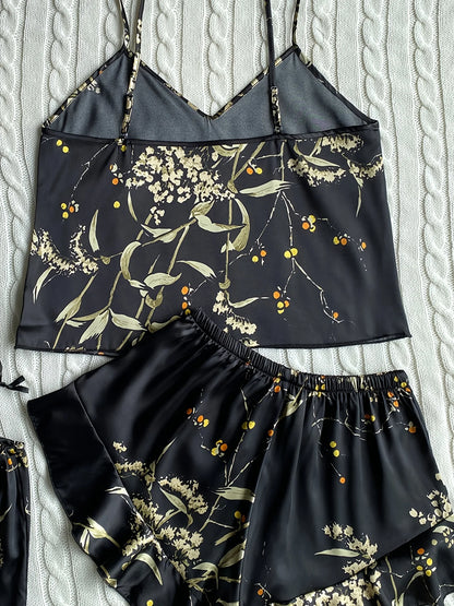 Women's Floral Cami Pyjama Set with Matching Bag – Ruffle Hem Shorts Sleepwear - The Clothing Company Sydney