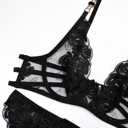 3 Piece Lingerie Luxury Jewel Shoulder Strap Underwear Garter Lace IntimateLingerie Set - The Clothing Company Sydney