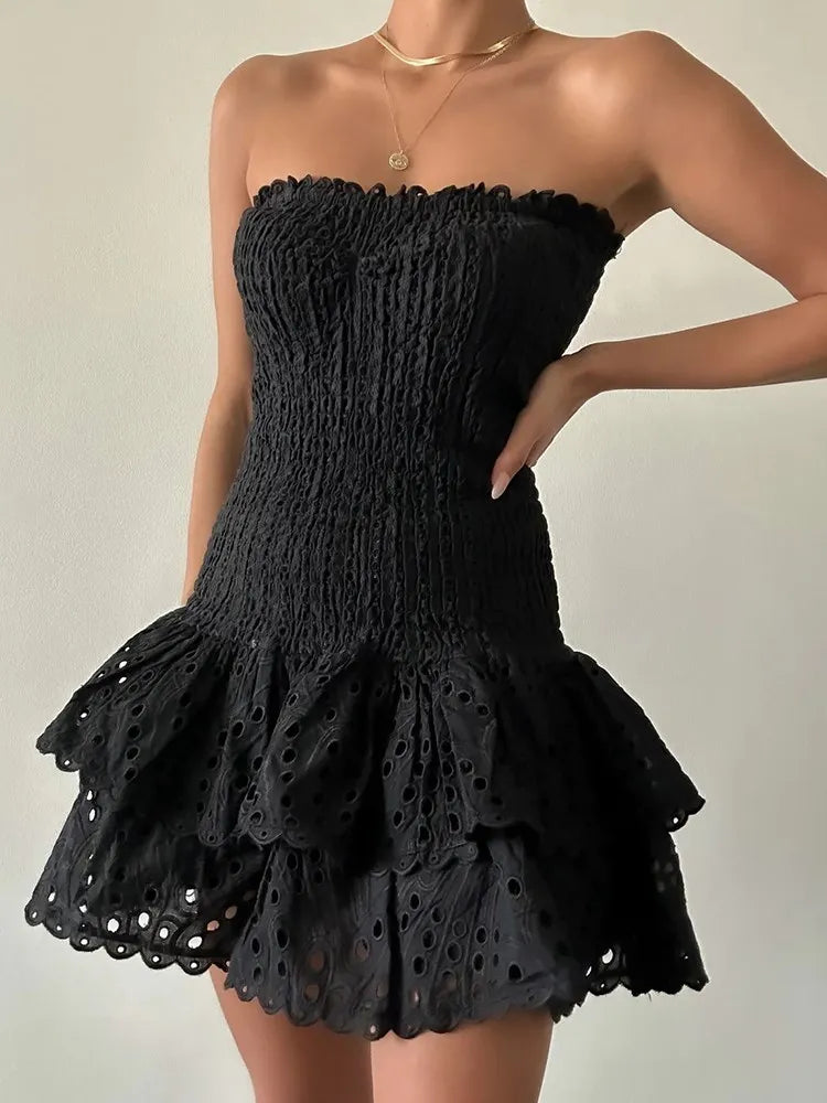 Colourblock Embroidery Women's Strapless Sleeveless High Waist Patchwork Folds Slimming Dresses - The Clothing Company Sydney