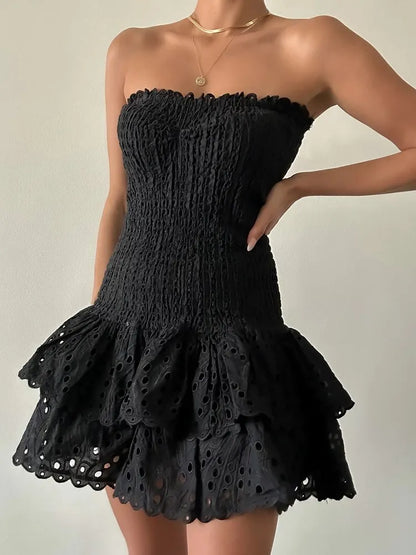 Colourblock Embroidery Women's Strapless Sleeveless High Waist Patchwork Folds Slimming Dresses - The Clothing Company Sydney