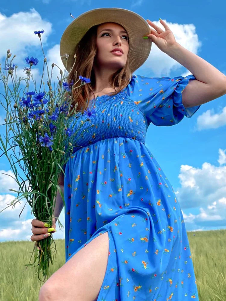 Women's Fashion Romantic Floral Print Split Long Summer Dress Puff Sleeve Party Dress - The Clothing Company Sydney