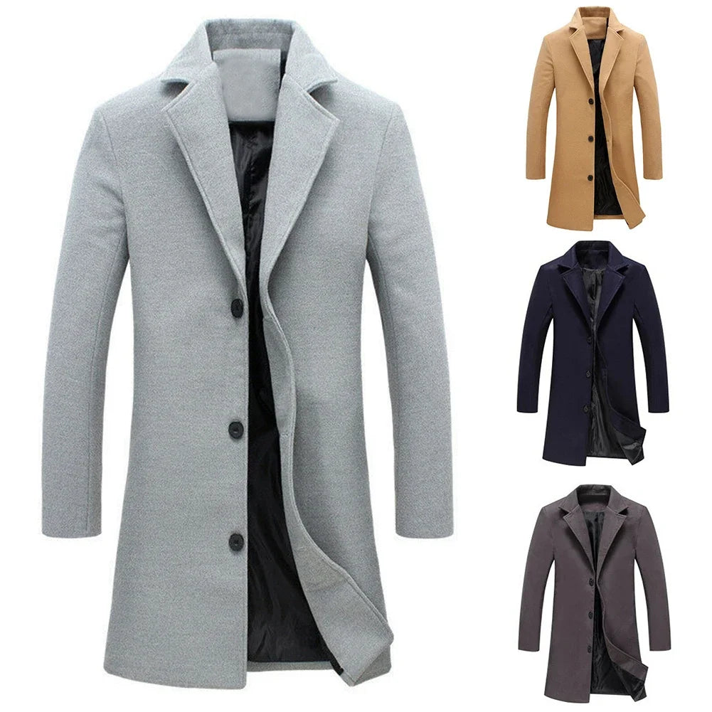 Single Breasted Lapel Long Coat Jacket Fashion Autumn Winter Casual Overcoat Plus Size Trench Men's Woolen Coats Solid Color - The Clothing Company Sydney