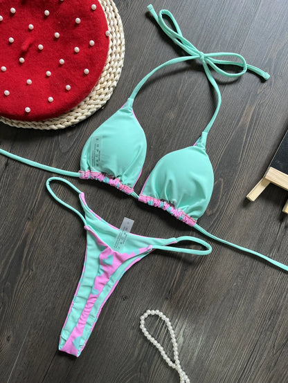 2 Piece Love Print  Backless Split Swimsuit G String Bikini Swimwear - The Clothing Company Sydney