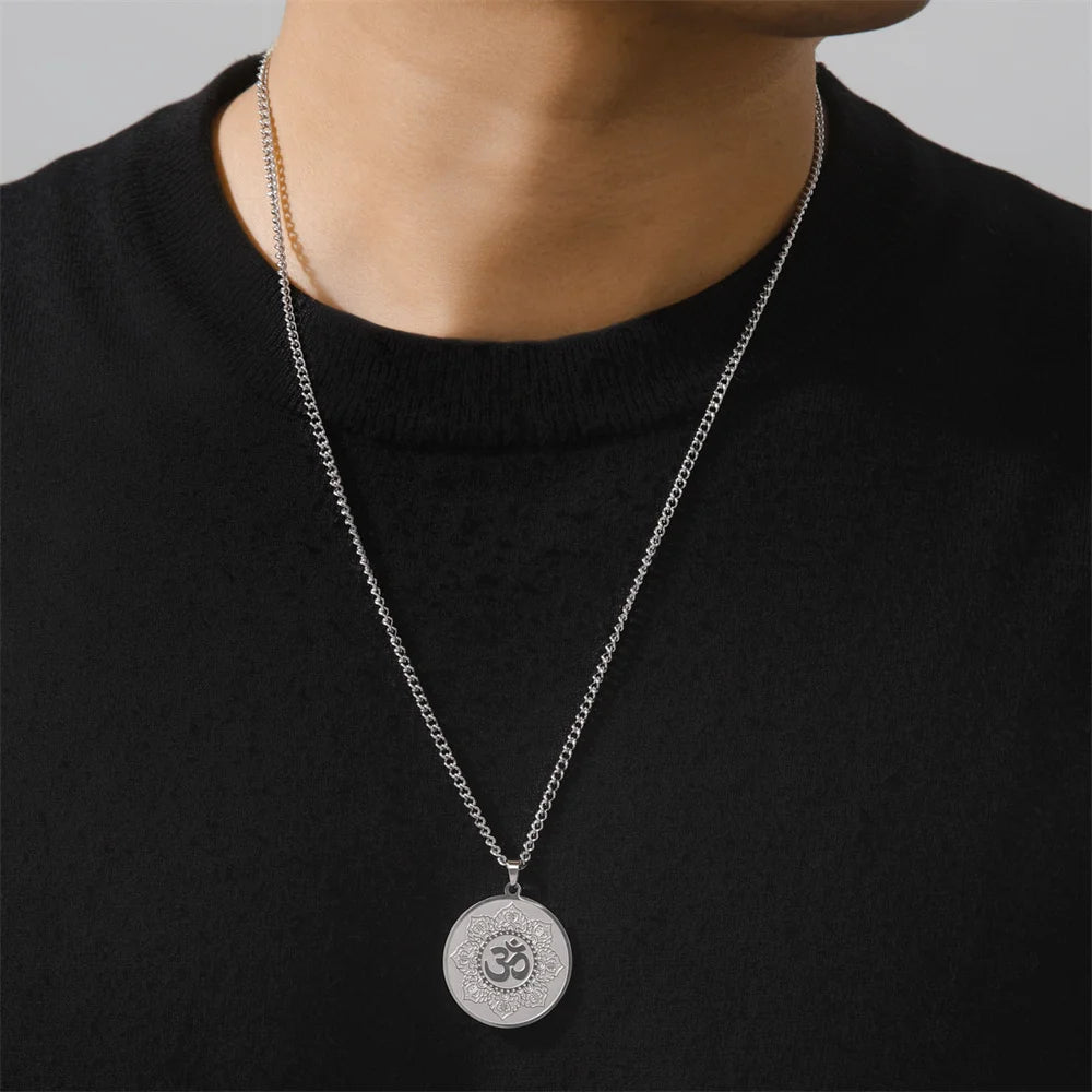 Yoga Lotus Om Aum Symbol Pendant Necklace Hindu Buddhist Stainless Steel Chain Meditation Spiritual Religious Jewellery The Clothing Company Sydney