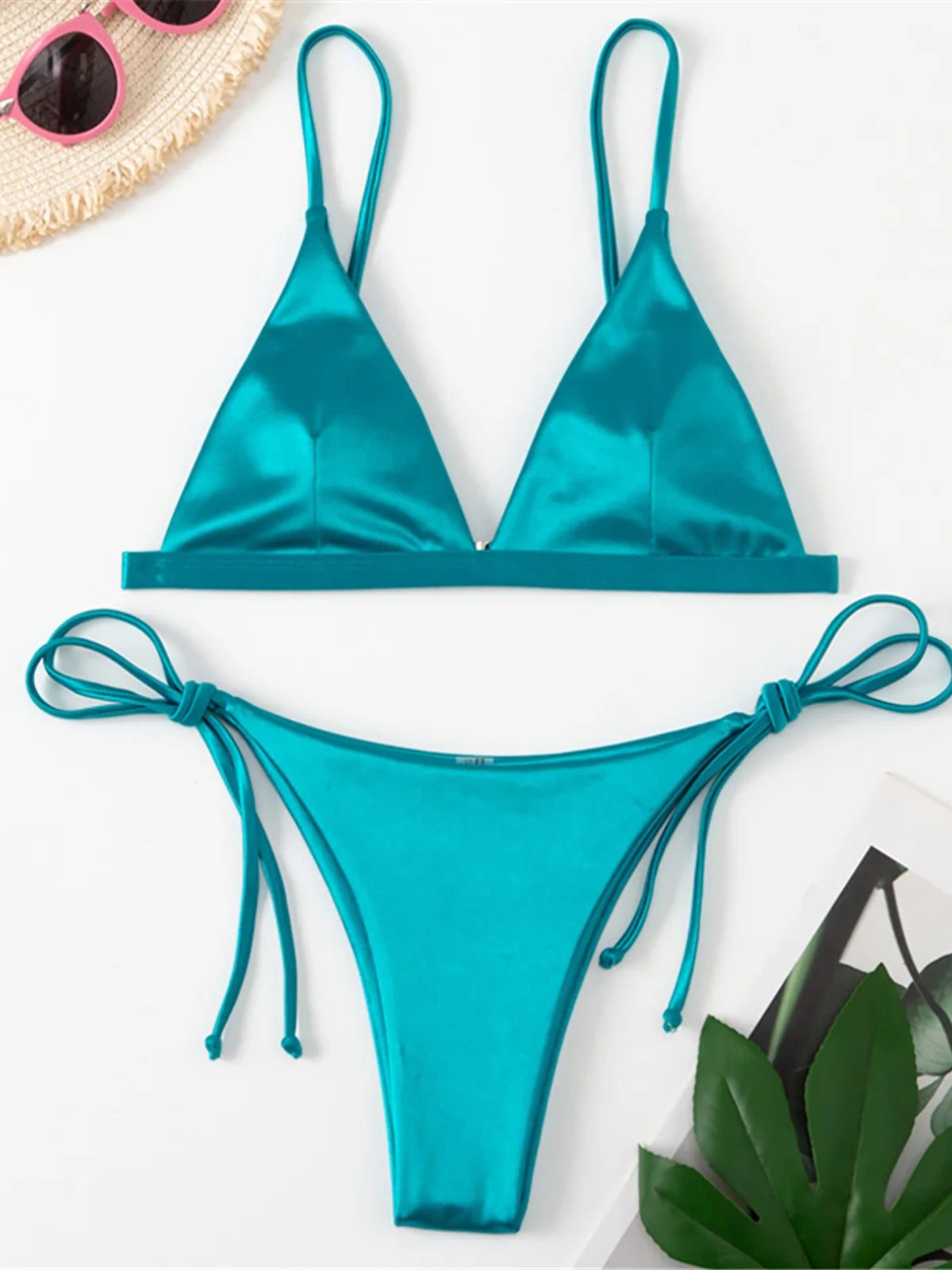 Side Tie Satin High Leg Cut Brazilian Bikini Swimwear Swimsuit Two piece Bikini set Bather Bathing Suit - The Clothing Company Sydney