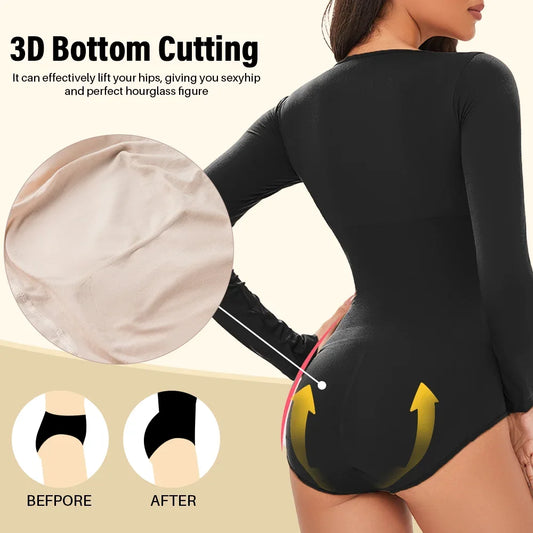 Spandex Elastic Body Suit Shapewear Women Body Shaper Long Sleeve Round Neck Seamless Shapers