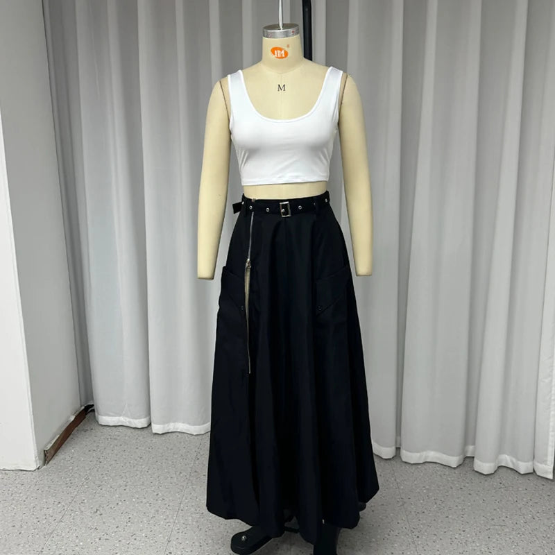 2 Piece Women's Solid Round Neck Sleeveless High Waist Vest Slim Top Loose With Pockets Zipper Long Skirt Matching Outfit Sets - The Clothing Company Sydney